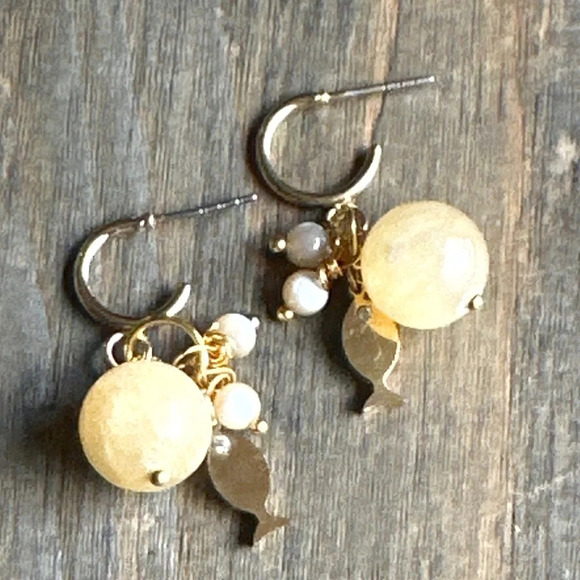 crazy lace Agate/Laguna agate gold dangle confetti earrings fish charm - Picture 1 of 6